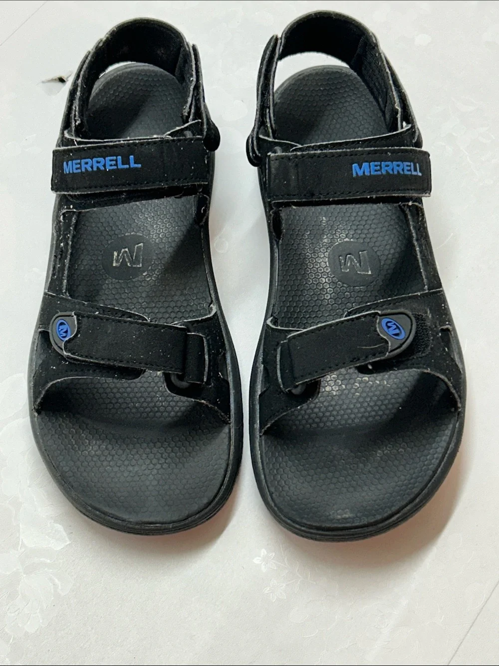 Merrell Black Sandals with Blue Logo Accents